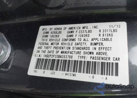 2011 Honda Accord 2.4 Lx z USA, uszkodzony, nr VIN 1HGCP2F30BA053799
